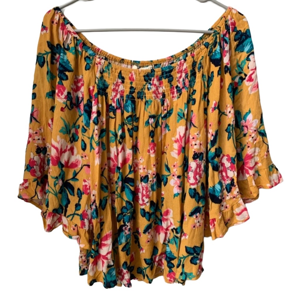 LIVING DOLL Women’s Gold Floral Gauze 3/4 Ruffle Long Sleeve Blouse Size: XL